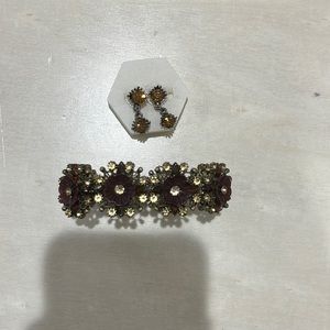 Gold, Yellow and Red Jeweled Flower Bracelet + Yellow Jeweled Earrings Bundle